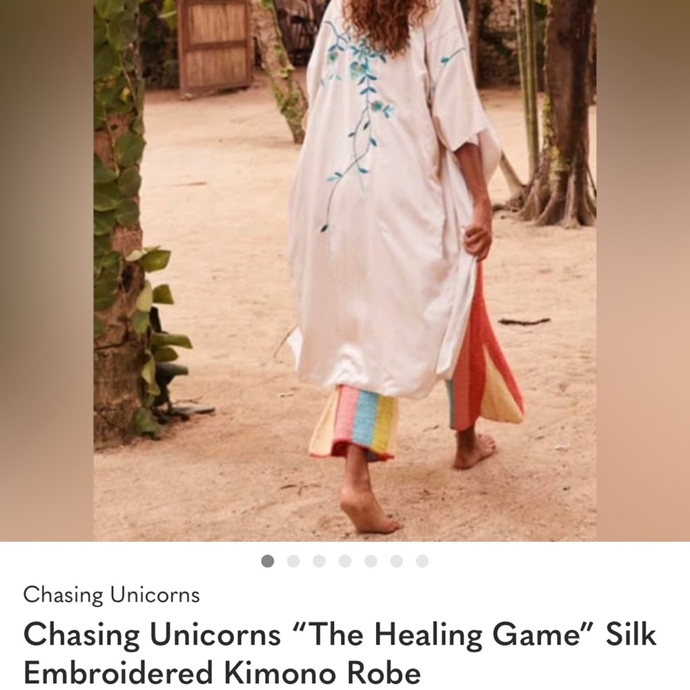Chasing Unicorns Cream Silk Embroidered Kimono Robe with Multicolor Trim